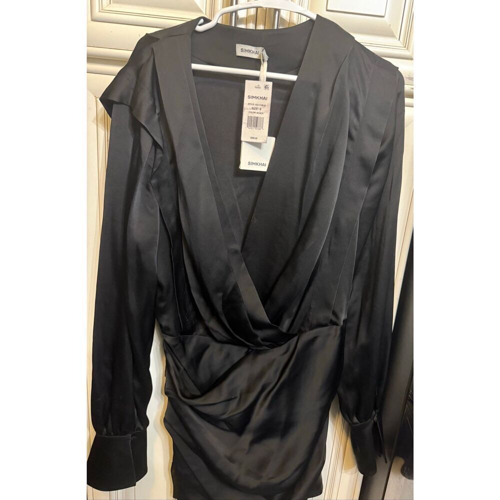 Jonathan Simkhai Womens Satin Ruffled Wrap V Neck Mini Dress Black Size 6 NWT